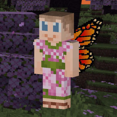 Screenshot of my Minecraft skin. It looks like me with a cherry blossom dress, sandals, and monarch butterfly wings.
