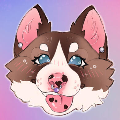 Digital drawing of my fursona. They are a brown and white Akita dog with little spots on their pink nose. They also have a septum ring!